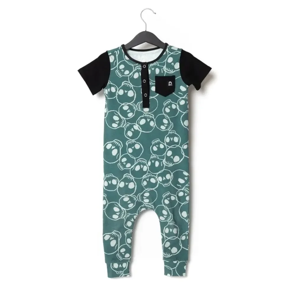 Rags to Raches NWT Halloween skeleton skull teal romper one piece with pocket